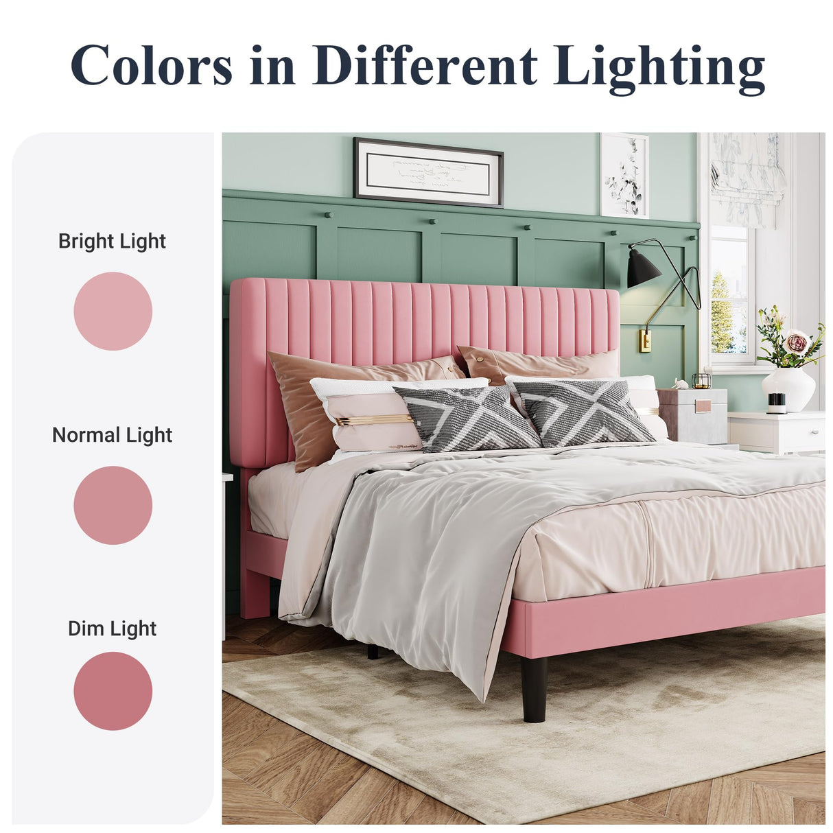 Allewie Queen Bed Frame, Velvet Upholstered Platform Bed with Adjustable Vertical Channel Tufted Headboard, Mattress Foundation with Strong Wooden Slats, Box Spring Optional, Easy Assembly, Pink Allewie