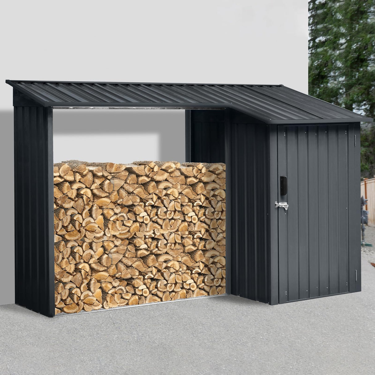 Ball & Cast 106.5" Outdoor Steel Firewood Rack Metal Storage Shed with Door and Reinforced Base,Multi-Functional 2 in 1 Waterproof Cabinet W/Roof,for Equipment Machines,Black Ball & Cast