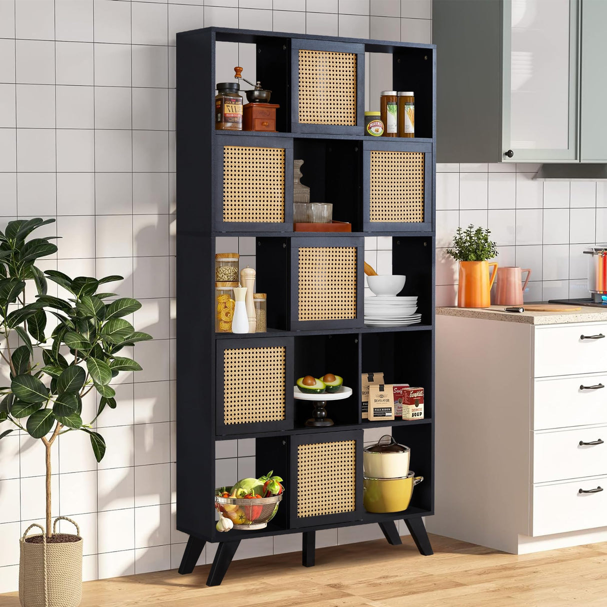 AVZEAR Kitchen Pantry Cabinet, 71” Farmhouse Solid Wood Storage Cabinet with Rattan Doors, Freestanding Storage Shelving Unit, Buffet Cupboards Cabinet for Kitchen Living Room (Black) AVZEAR