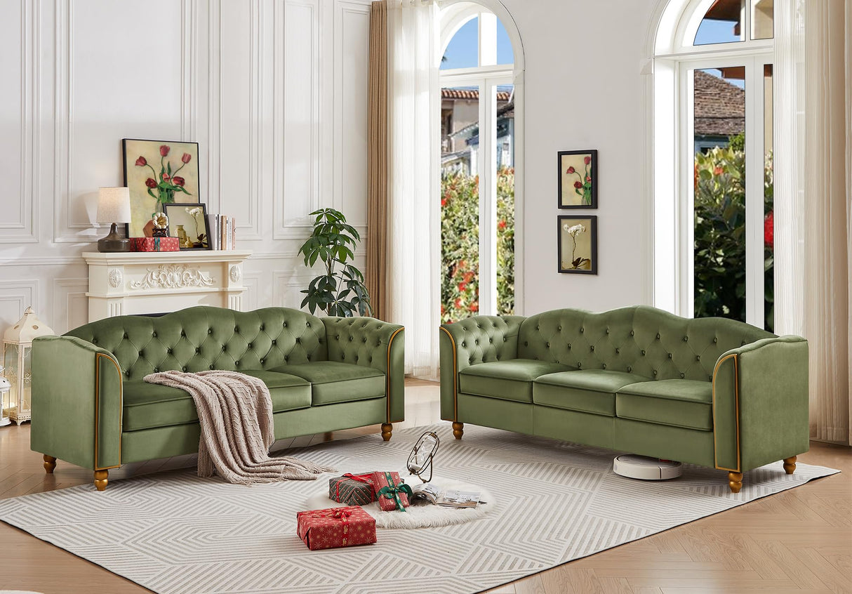 HITHOS 78" Velvet Sofa Couch, Soft 3 Seater Sofa Couche for Living Room, Button Tufted Comfy Couch Modern Sofa with Upholstered Cushion, Gold Trim, Solid Wood Legs for Dorm Bedroom Apartment, Green HITHOS