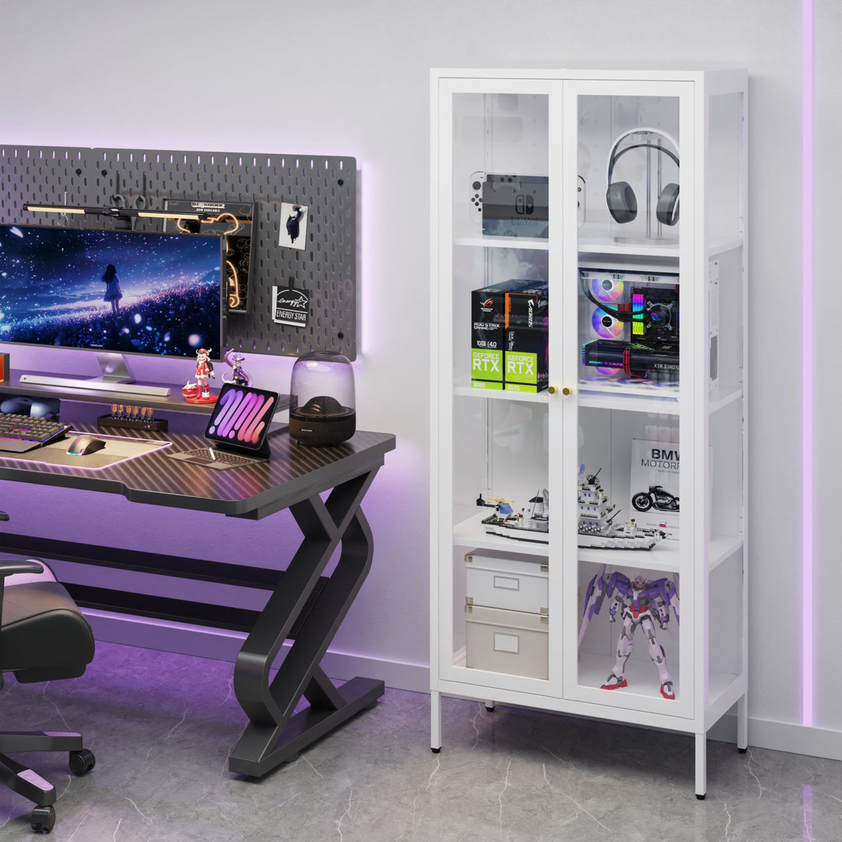 UNICOLY Display Cabinet with Glass Doors, Glass Display Cabinet 4-Tier, Metal Curio Display Cabinet with Tempered Glass Doors for Bedroom, Living Room,Dining Room.White UNICOLY