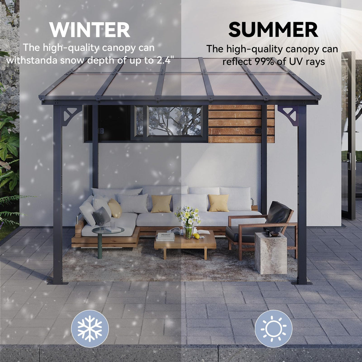 oneinmil 10 x 8FT Hardtop Gazebo for Patio, Outdoor Aluminum Wall-Mounted Gazebo Pergola with Sloped Roof, Heavy Duty Awnings for Patio Covers, Backyard, Deck, Garden oneinmil