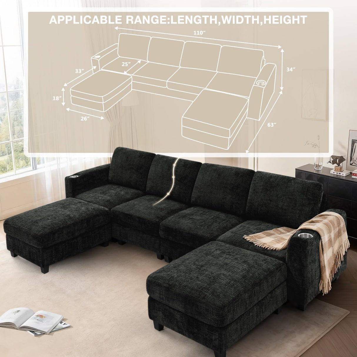 Lesofair 110" Chenille Sectional Sofa with Movable Ottomans, Modular U-Shape Couch with Cup Holders, Convertible 4 Seater Sofa with Well-Filled Backrest Cushions for Living Room, House, Black Lesofair