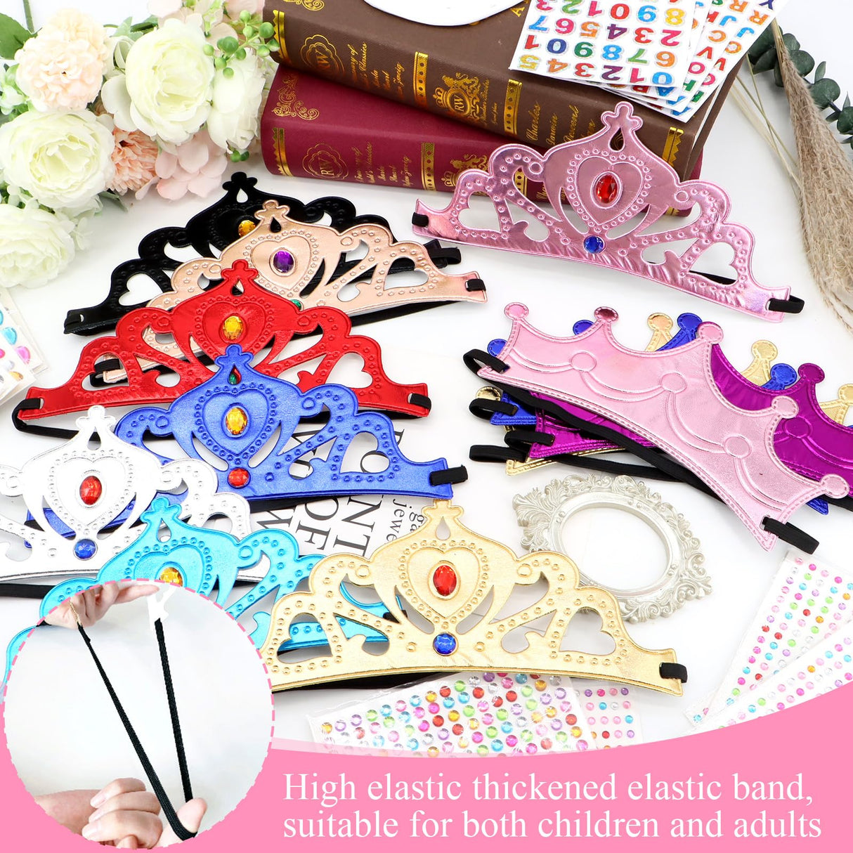ZYNERY 29 Pcs Birthday Crowns for Kids Fabric Crafts with Stickers Bulk 4-14mm Rhinestones,Princess Tiaras DIY Crown Gifts for Girls Boys Role Rlay ZYNERY