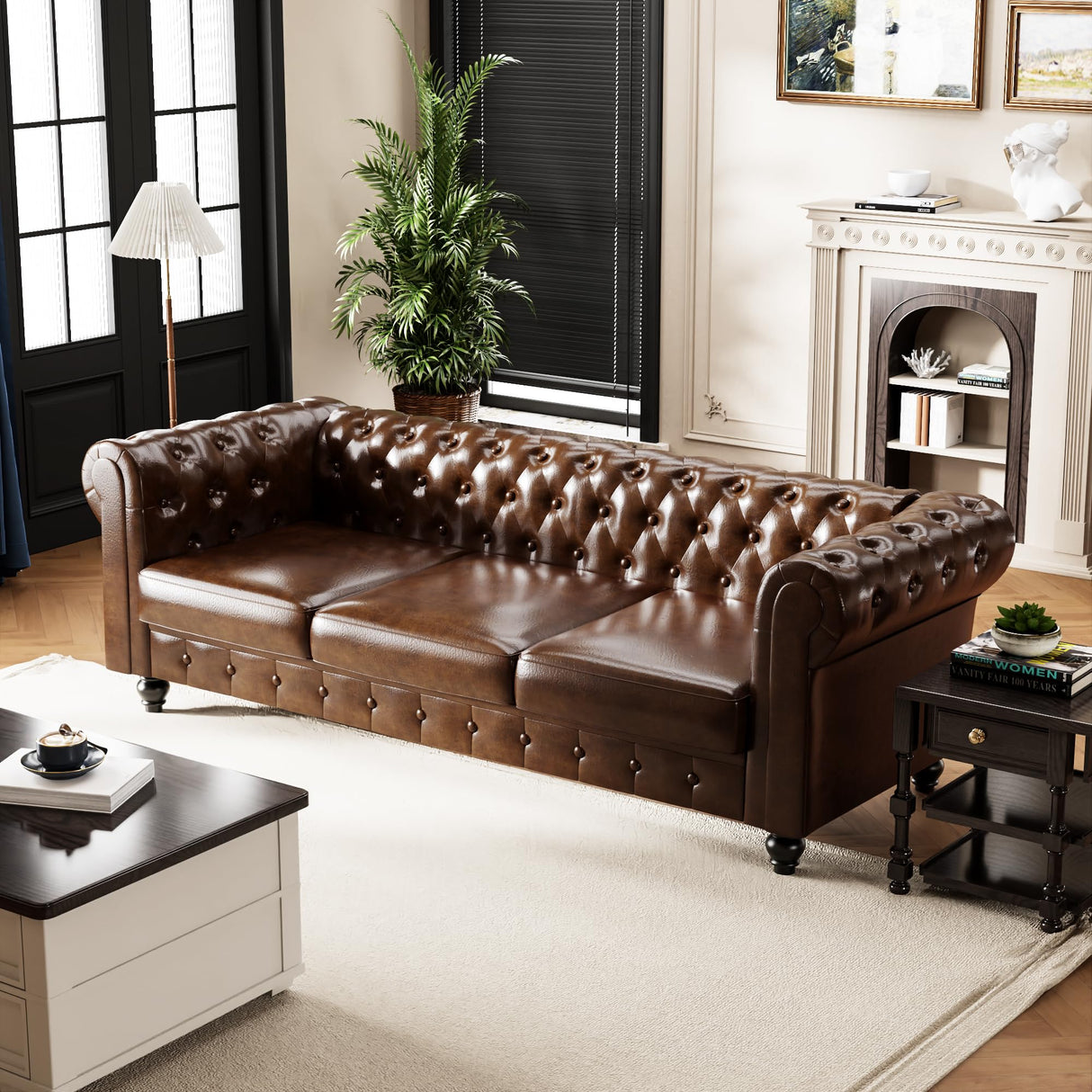 DOOSOODAA Chesterfield PU Leather Couch 3 Seater Sofa, 89" Modern Luxurious Large Button-Tufted Sofa Couch, Home Upholstered Deep Seat Sofa for Living Room Furniture Brown DOOSOODAA