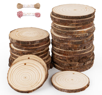 ilauke Wood Slices, 30 Pcs 2.7"-3.1" Natural Wood Slices with Predrilled Hole, Unfinished Wood with Bark, Wooden Circles for Crafts and Paint DIY Ornaments Christmas Crafts Arts Wedding Decor