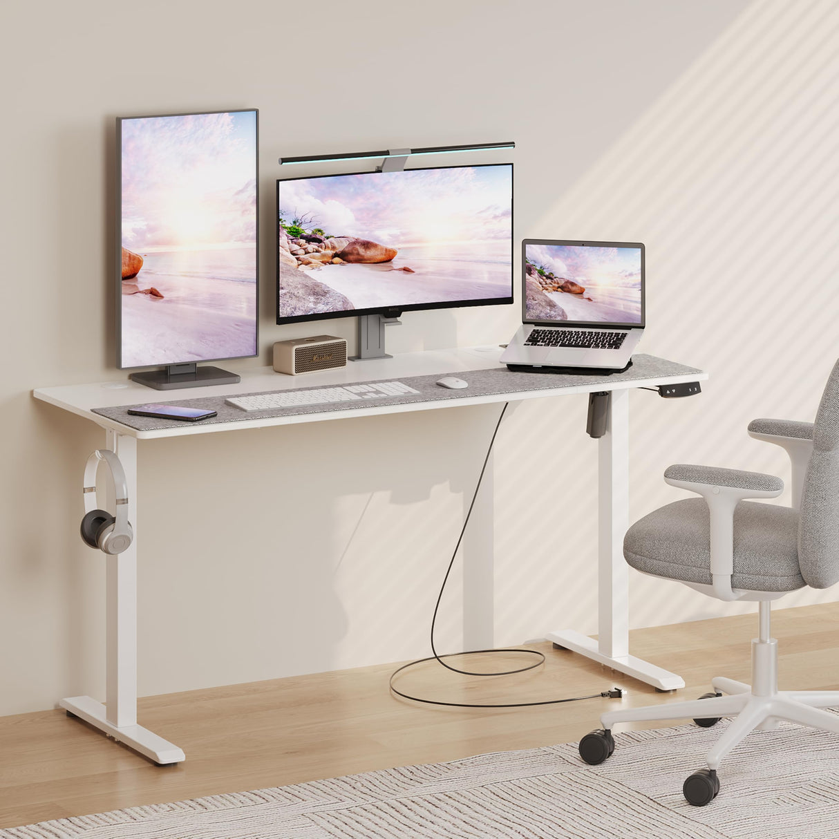 JOISCOPE 55 x 24 inch Adjustable Electric Standing Desk (3AC, USB, Type-C) with 2 Memory Heights, 25 mm/s Lift Speed, Gaming Study Drafting Sit Stand Desk for Home Office Bedroom, White JOISCOPE