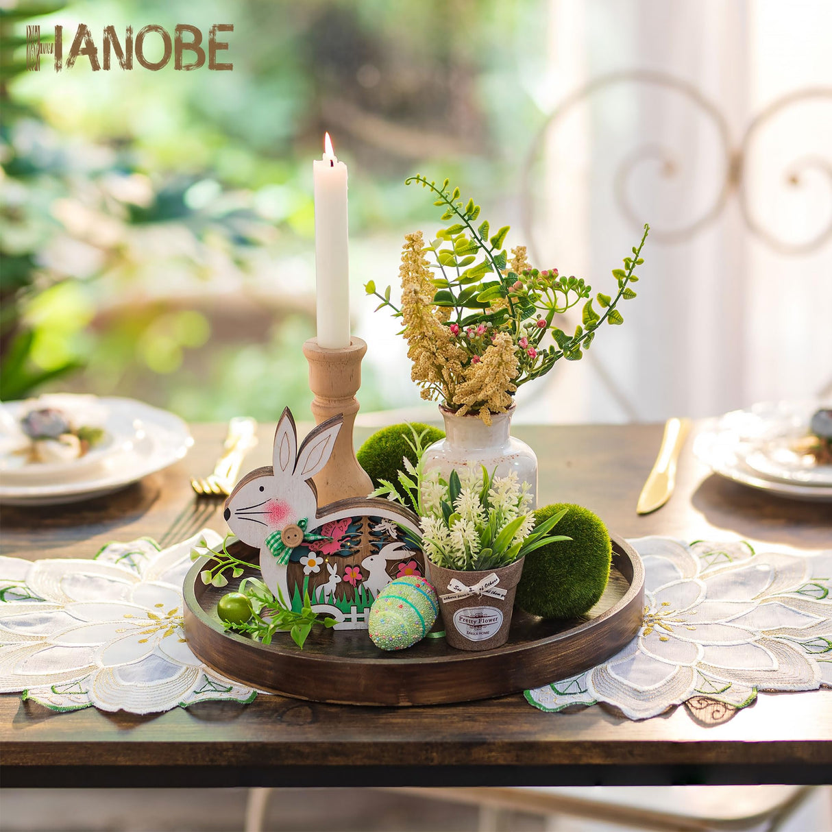 Hanobe Decorative Coffee Table Tray: Brown Wood Tray Round Rustic Wooden Trays Circle Farmhouse Centerpiece Candle Holder for Home Decor Ottoman Counter Display Living Room Organizer 12" Hanobe