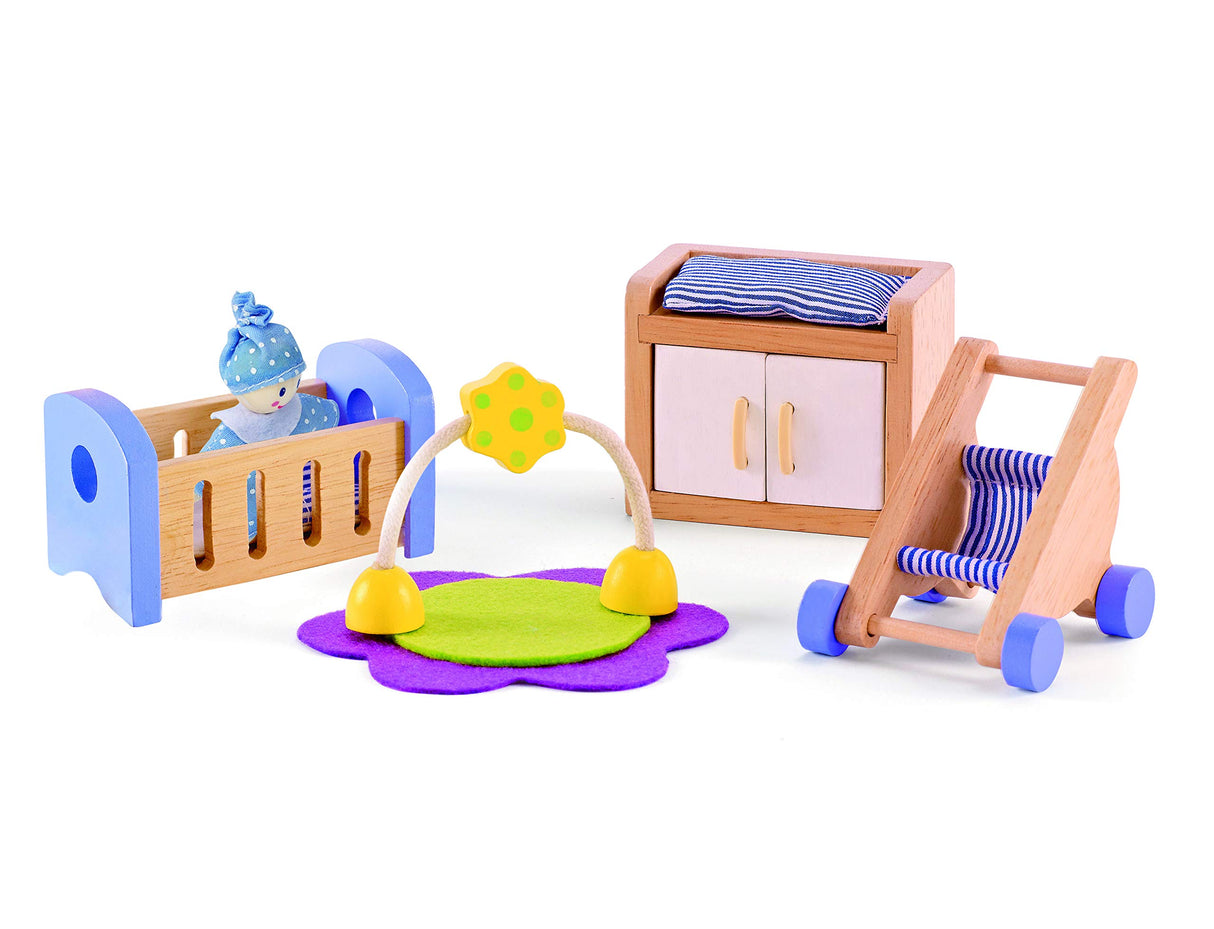 Hape Wooden Doll House Furniture Baby's Room Set with Baby| Pretend Playset for Kid’s Wooden Dollhouse Hape