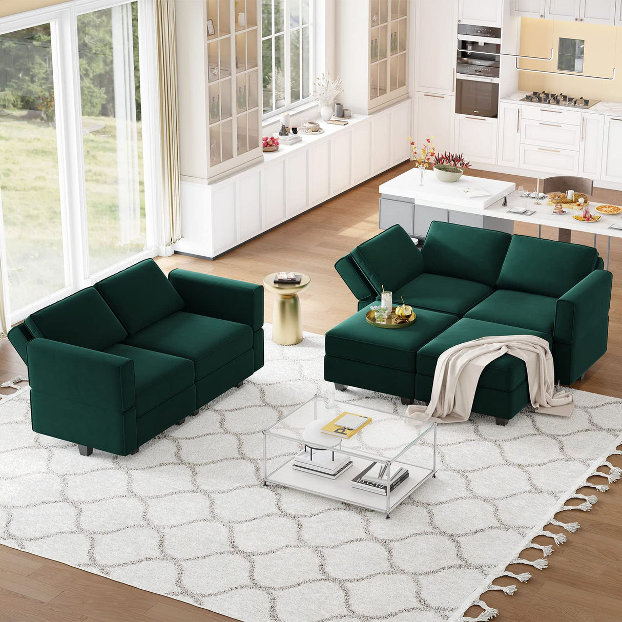 Belffin Modular Velvet Sectional Sofa with Chaise Lounge Sectional Sleeper Sofa with Storage Chaise Bed Couch for Living Room Green Belffin