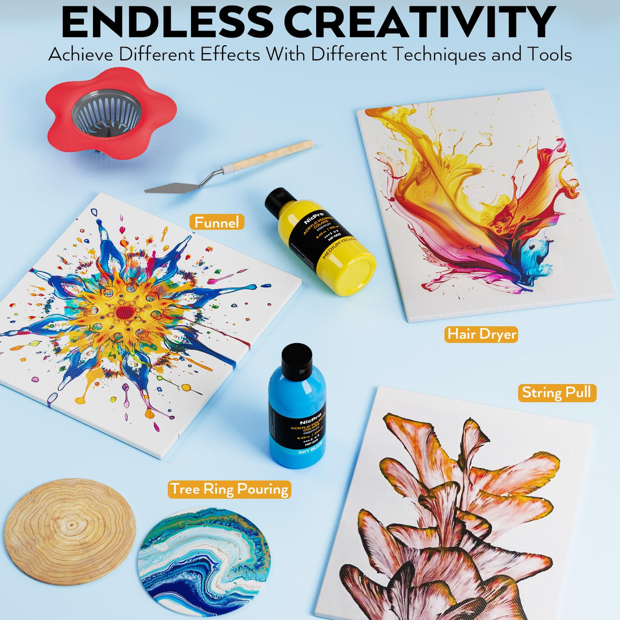 Nicpro 24 Colors 8.45oz Acrylic Pour Paint Supplies Kit, Large Volume Premixed High Flow Painting Bulk Set with Canvas, Wood Natural Slices, Pouring Oil, Tools Gloves, Strainer, Cups for Beginner DIY Nicpro