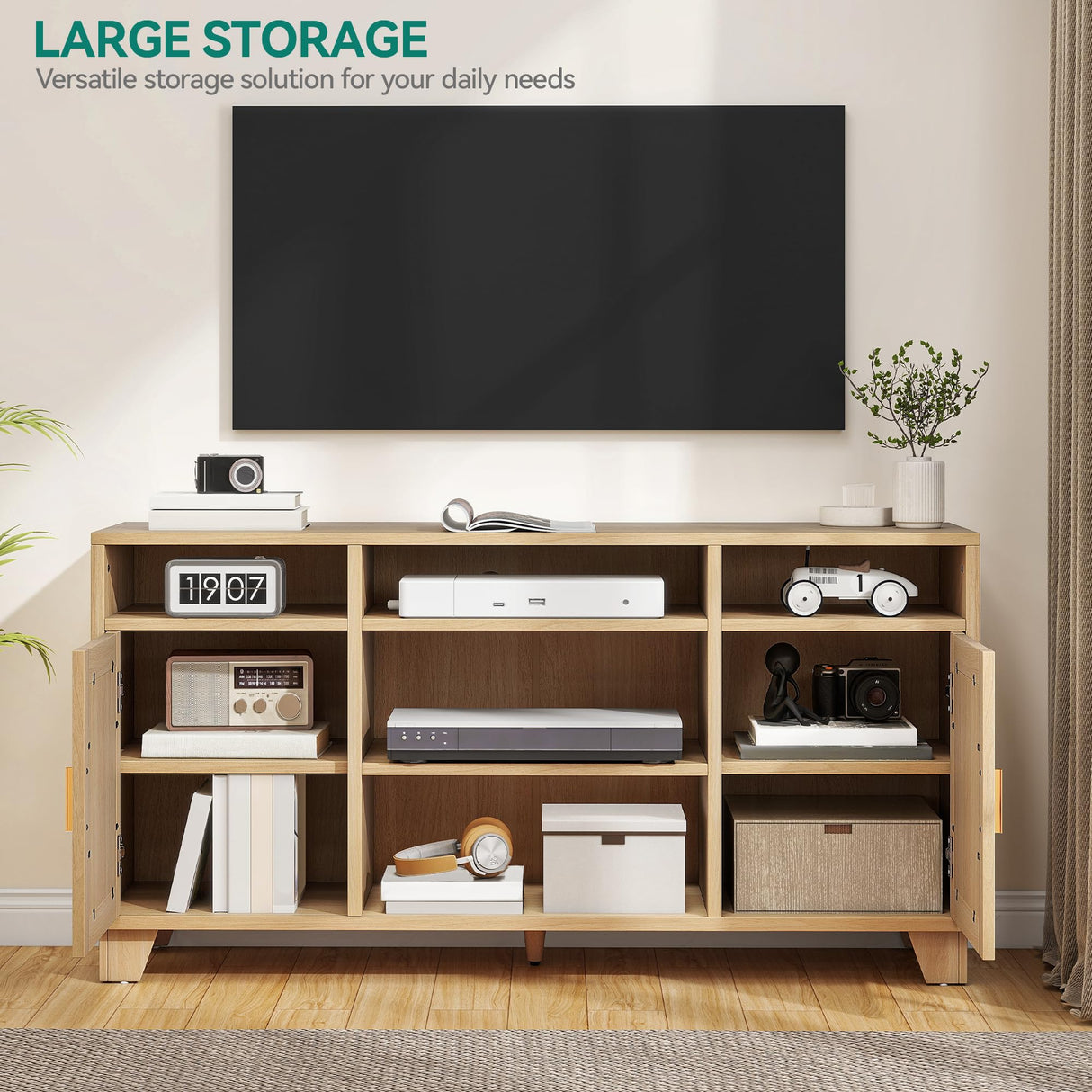 YITAHOME TV Stand for 65 Inch TV, Boho Entertainment Center with Rattan Doors, Storage Cabinets and Open Shelves, Long Boho Media Console for Living Room YITAHOME