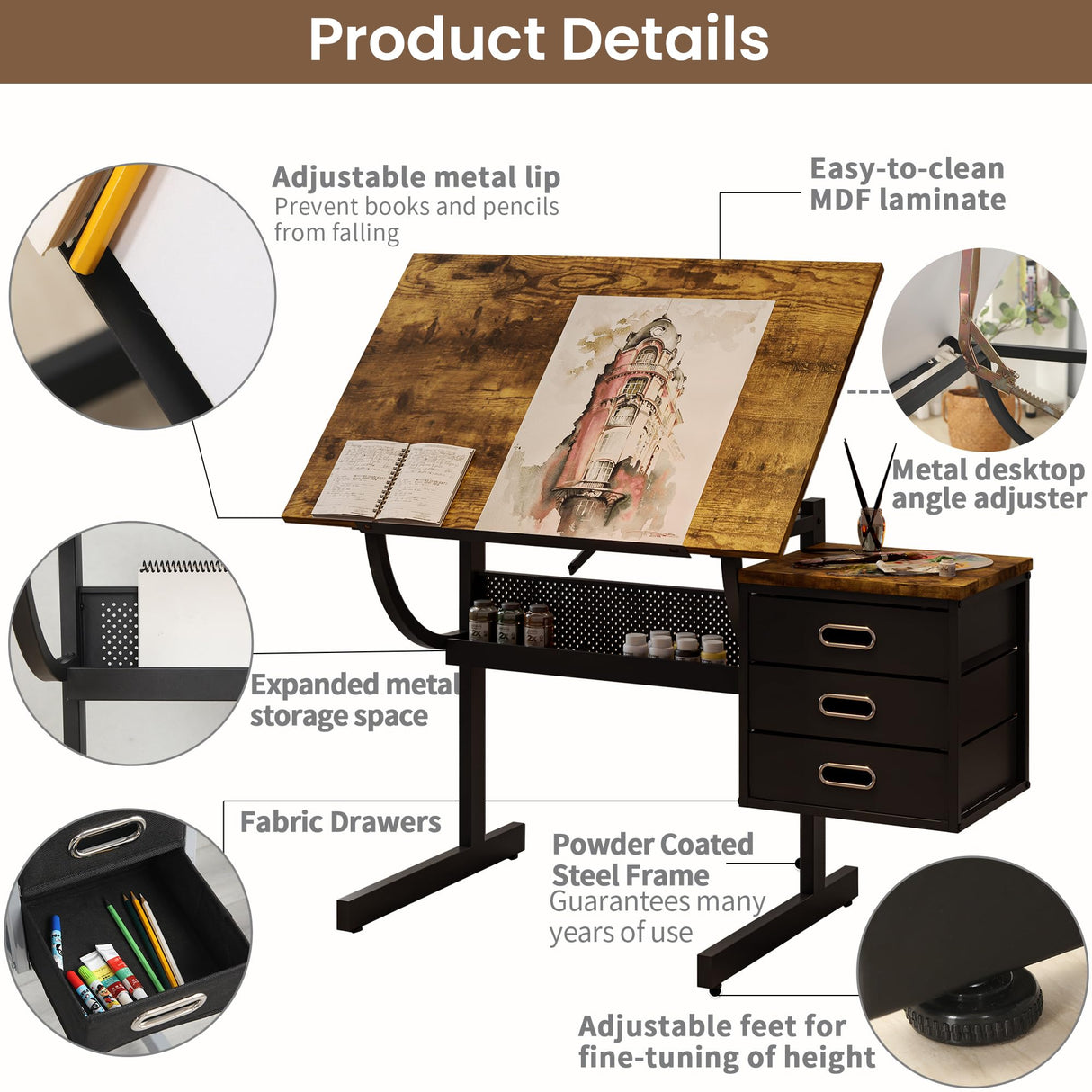 Drafting Table with Storage for Adults/Artists, Drawing Art Desk with 3 Drawers and Stool,Tabletop Adjustable Art Table Workstation for Studio Home Office School,Black KrenzhHome