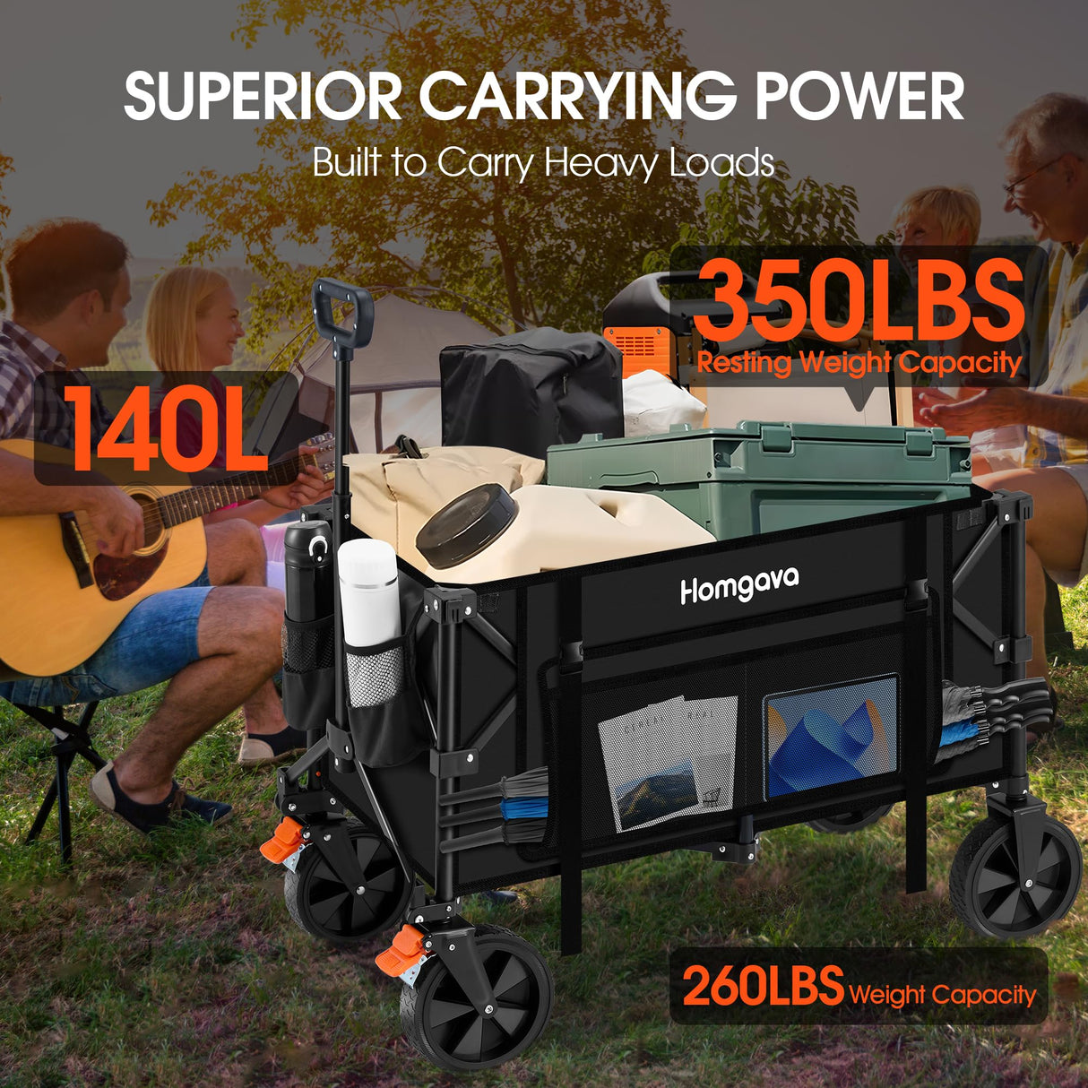Homgava 140L Collapsible Folding Wagon Cart with 350LBS Resting Weight Capacity, Heavy Duty Garden Cart with All-Terrain&Brake Wheel, Utility Wagon with Side Pocket for Camping,Shopping,Sports,Black Homgava