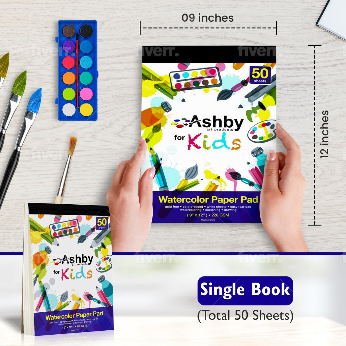 Ashby for Kids - 1 Pad (50 Sheets) of Premium Quality (220 GSM) Watercolor, Drawing, Finger Paint and Sketch Paper - Glue Bound Binding for Easy Removal - Natural White Ashby