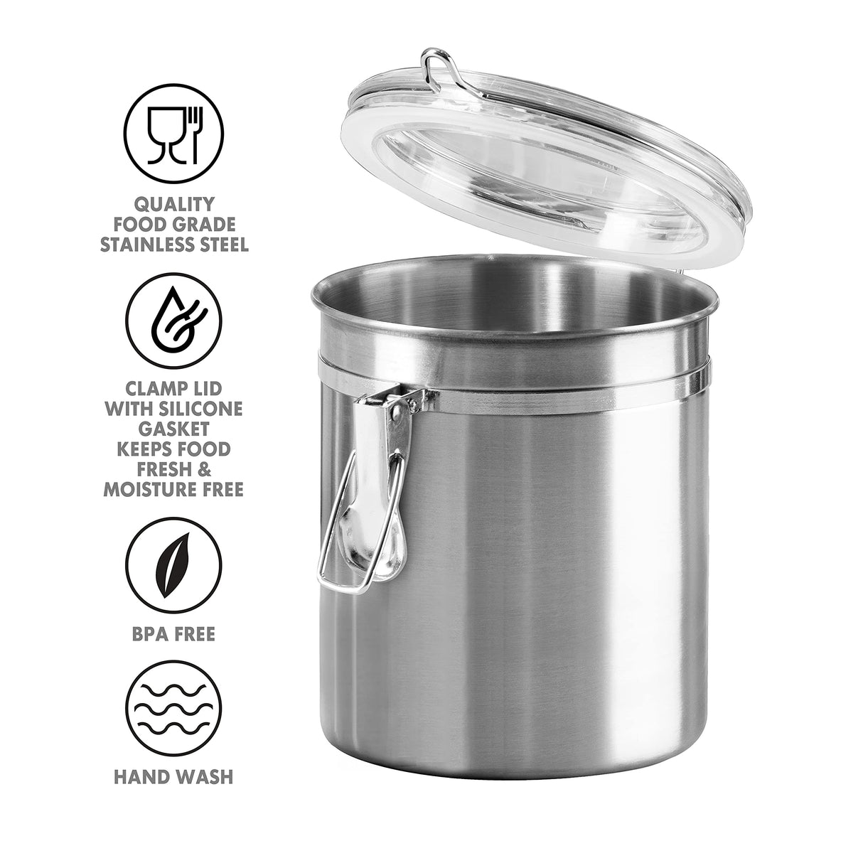 Oggi Set of 4 Stainless Steel Kitchen Canisters - Airtight Clamp Lid, Clear See-Thru Top - Ideal for Kitchen Storage, Food Storage, Pantry Storage - Includes 1 each: 26oz, 36oz, 47oz, 62oz. Oggi
