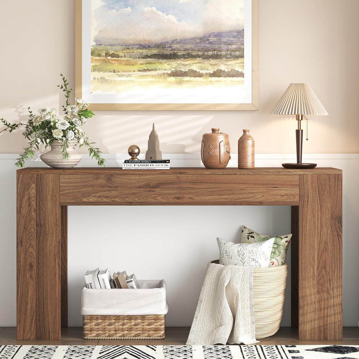 knoworld 63-Inch Long Console Table with LED Light, Farmhouse Sofa Table Behind Couch, Wooden Console Table for Entryway, Hallway, Entrance, Living Room knoworld