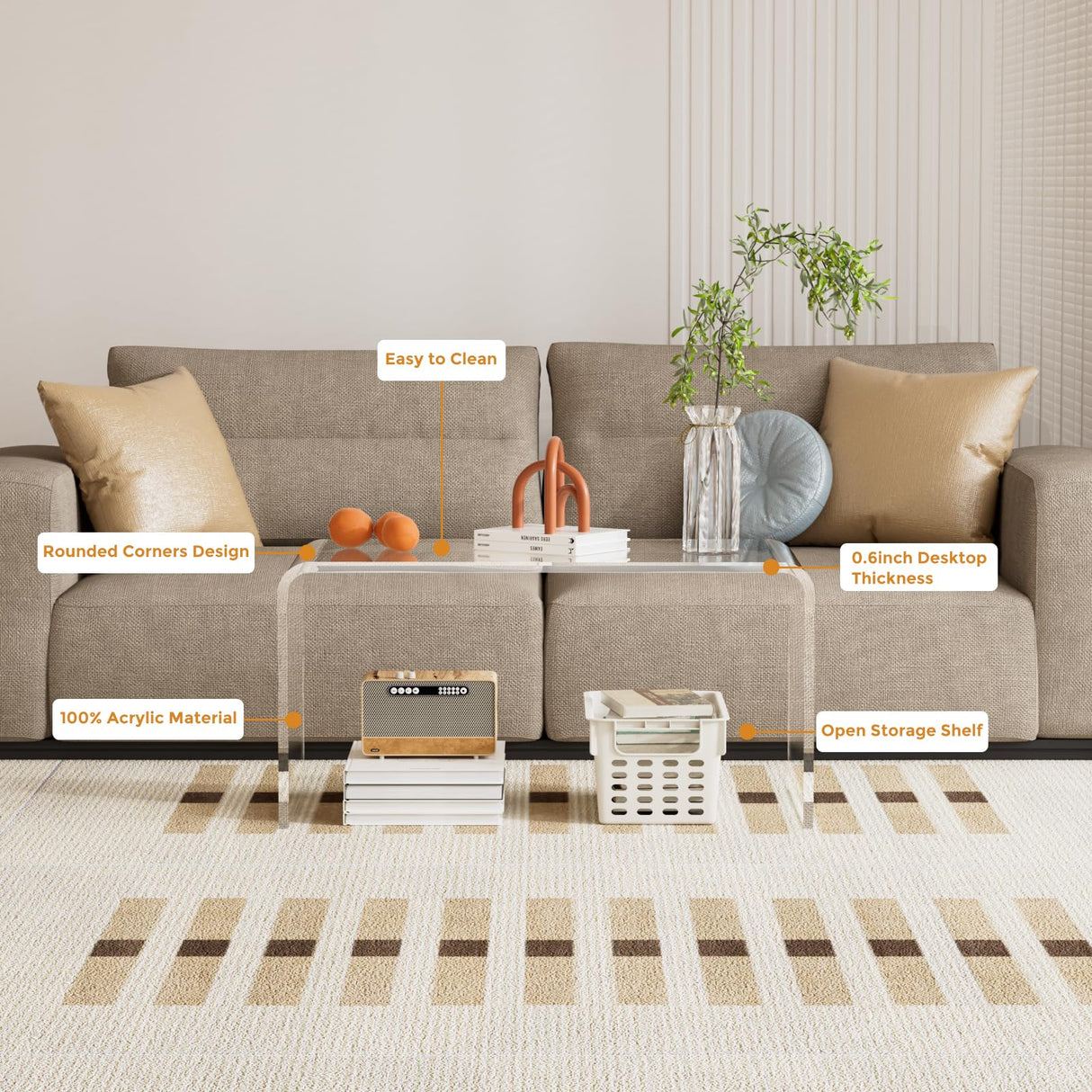 VDGPWA Premium Acrylic Coffee Table, 32" L*16" W *16" H, 3/5" Thick Clear Coffee Table for Living Room, Rectangle Lucite Coffee Table Modern Waterfall Coffee Table Acrylic Furniture VDGPWA