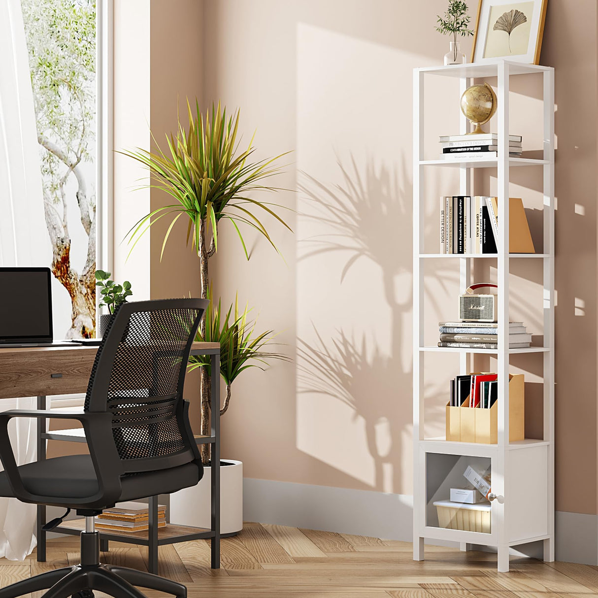 TUTOTAK 6 Tier Bookcase and Bookshelf, Narrow Book Shelf with Door for Small Space, for Living Room, Office, Study, Entryway, White BS03BW006 TUTOTAK