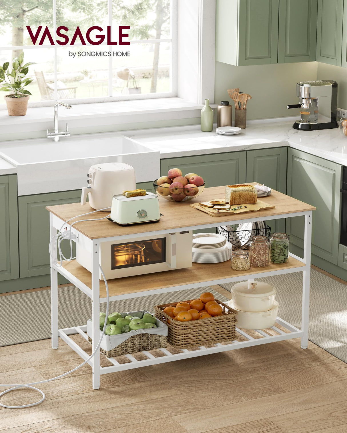 VASAGLE Kitchen Island with 3 Shelves, 47.2 Inches Width Kitchen Shelf with Power Strip, Large Worktop, Stable Steel Structure, Industrial, Easy to Assemble, Golden Oak and White UKKI101Y01 VASAGLE
