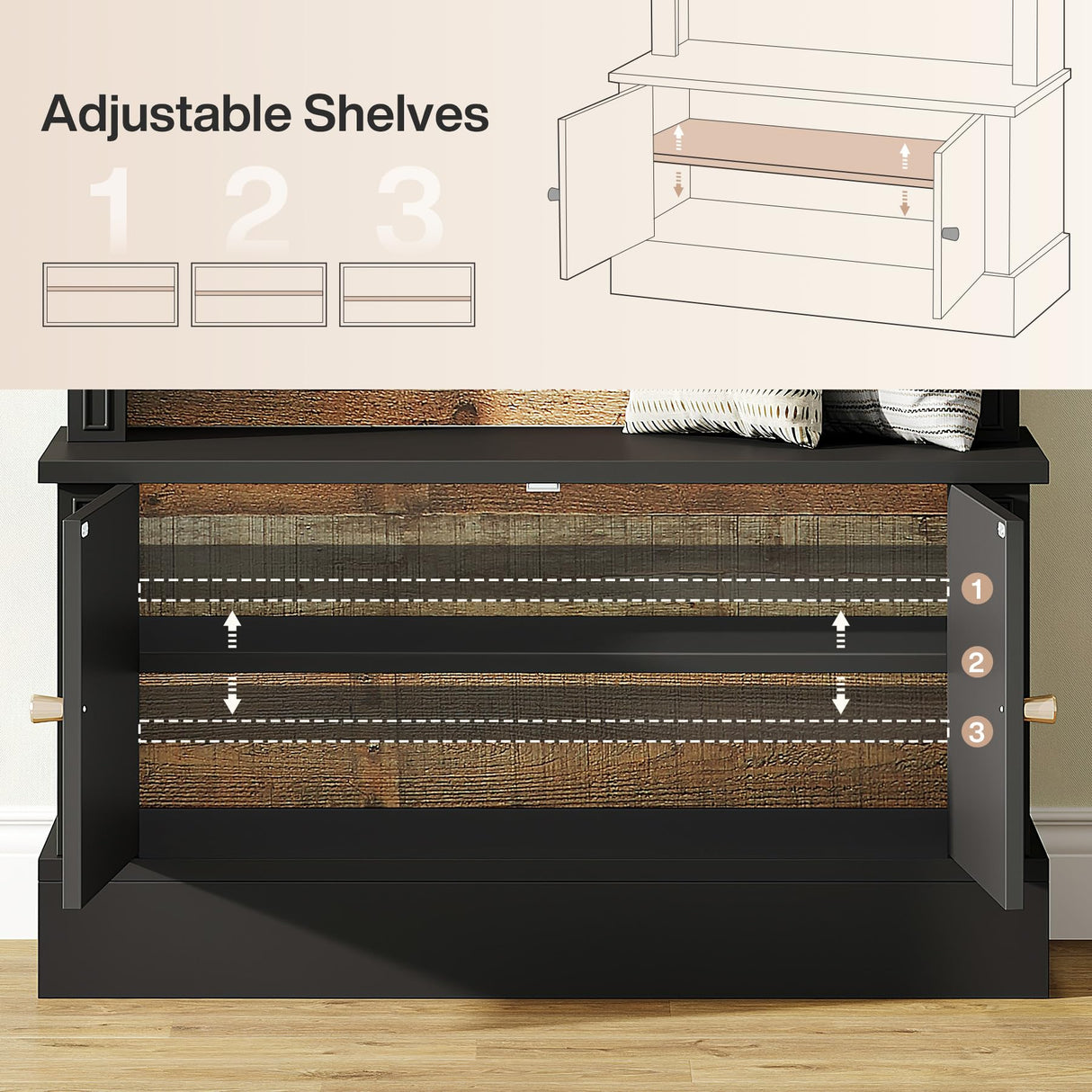 Tribesigns 70.86" Hall Tree with Storage Bench, 4-in-1 Design Entryway Bench with Coat Rack, Farmhouse Hall Tree with 5 Hooks and Adjustable Shoe Storage for Entryway, Hallway(Black+Brown) Tribesigns