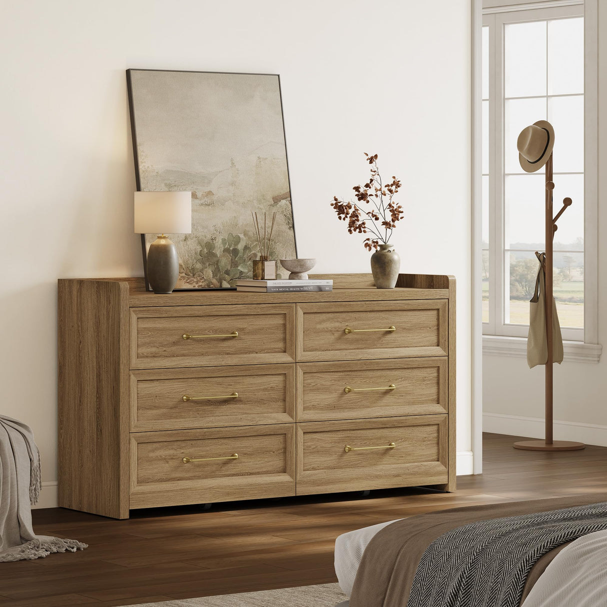 SICOTAS 6 Drawer Dresser for Bedroom-56.4" Extra-Wide Wooden Chest of Drawers with Large Storage, Long Dresser TV Stand with Drawers, Mid Century Modern Closet Dressers for Nursery, Brown Oak SICOTAS