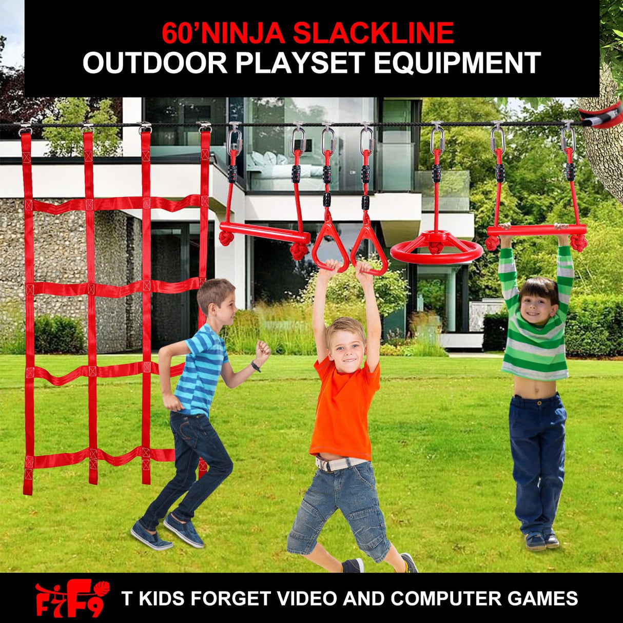 Ninja Warrior Obstacle Course for Kids Backyard with A Pair of Knee Pads, 60’ Ninja Slackline and Slackline Protective Tube with Unique Obstacles Climbing Net, Ninja Wheel, Monkey Bars, Gym Rings F7F9