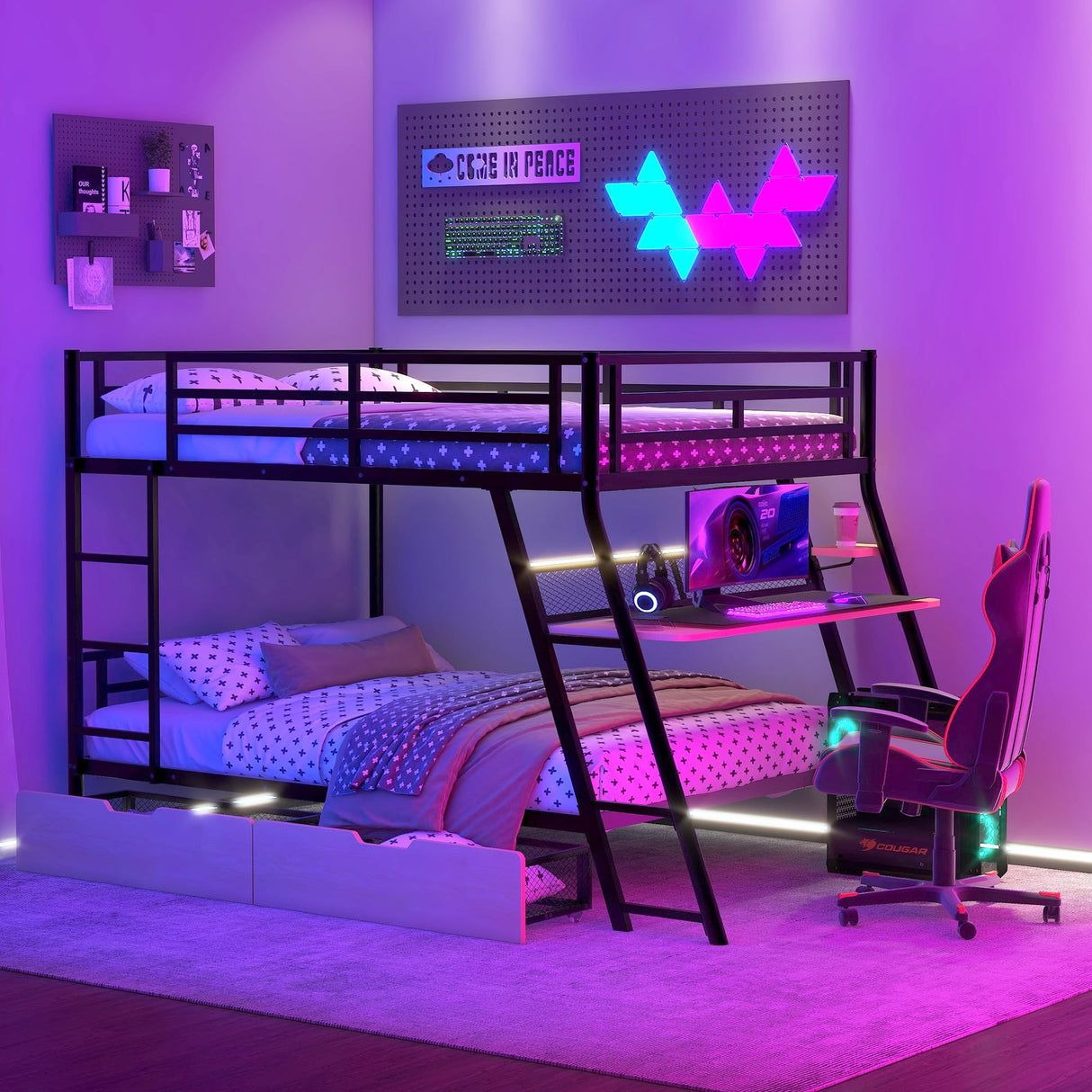 RuiSiSi Metal Bunk Bed with Desk and 2 Drawers, Full Over Full Gaming Bunk Bed with LED Light, No Box Spring Needed RuiSiSi