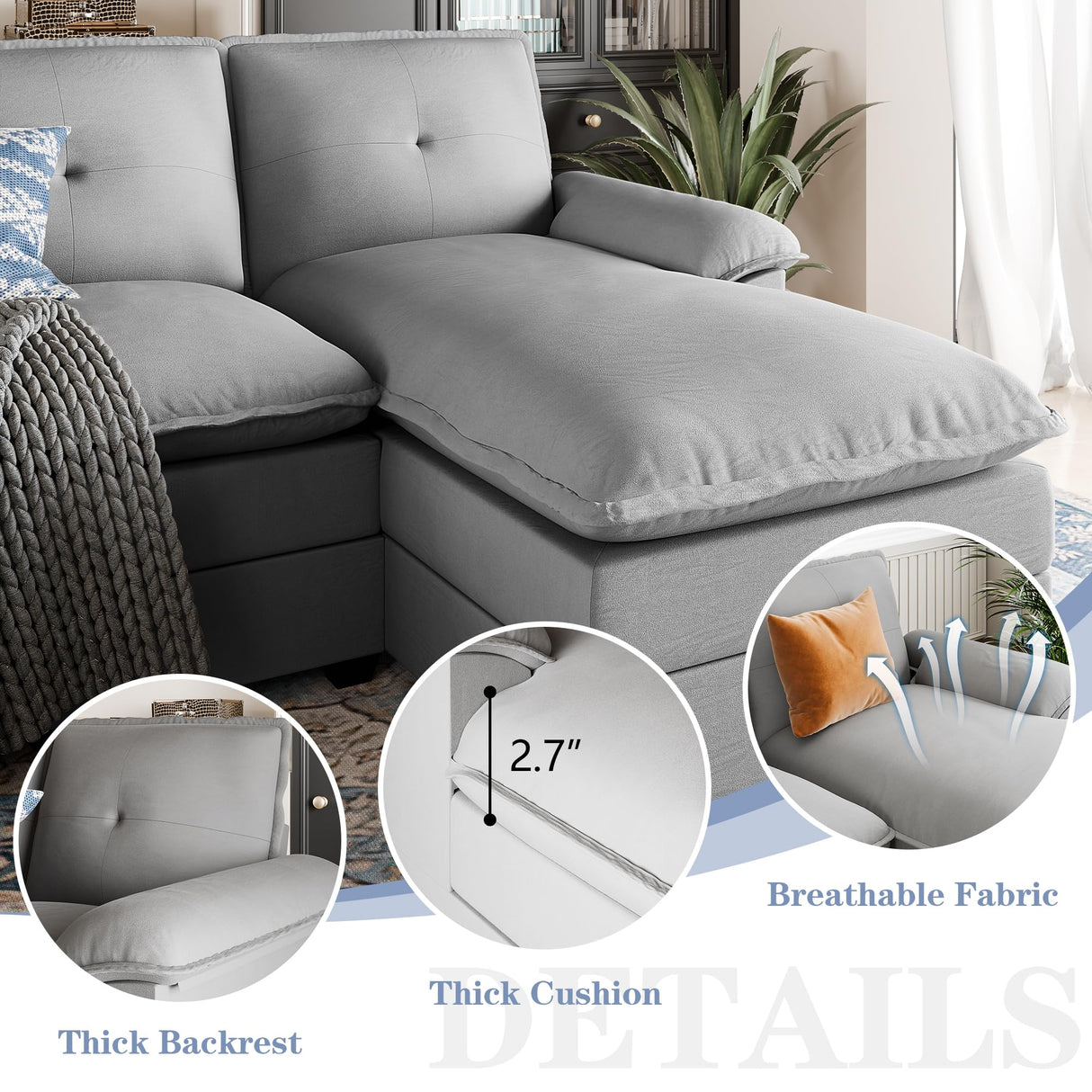 U Shaped Sectional Couch for Living Room,110" 4-Seater Comfy Couch with Double Chaise,Deep Seat Modular Sofa Couches with Thick Cushion & Soft Backrest,Light Grey Shintenchi