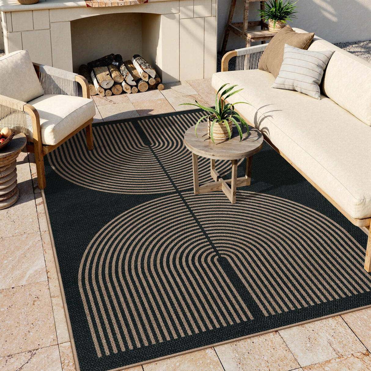 Lahome Modern Rainbow Easy Jute Carpet, Washable 5x7 Area Rugs for Living Room Patio Black Farmhouse Indoor Outdoor Rugs, Contemporary Natural Non Slip Floor Carpet for Office RV Backyard Lahome