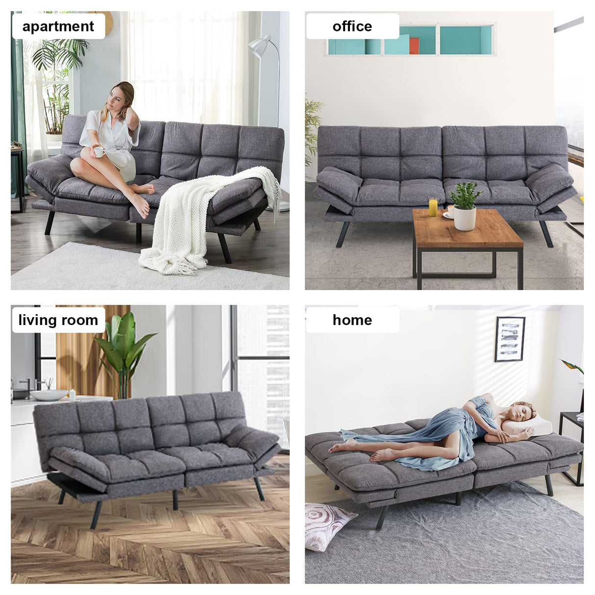 Maxspeed Futon Sofa Bed, Memory Foam Couch Convertible Loveseat, Sleeper Sofa Modern Futon Sets for Small Apartments, Compact Living Space, Office (Grey) Maxspeed