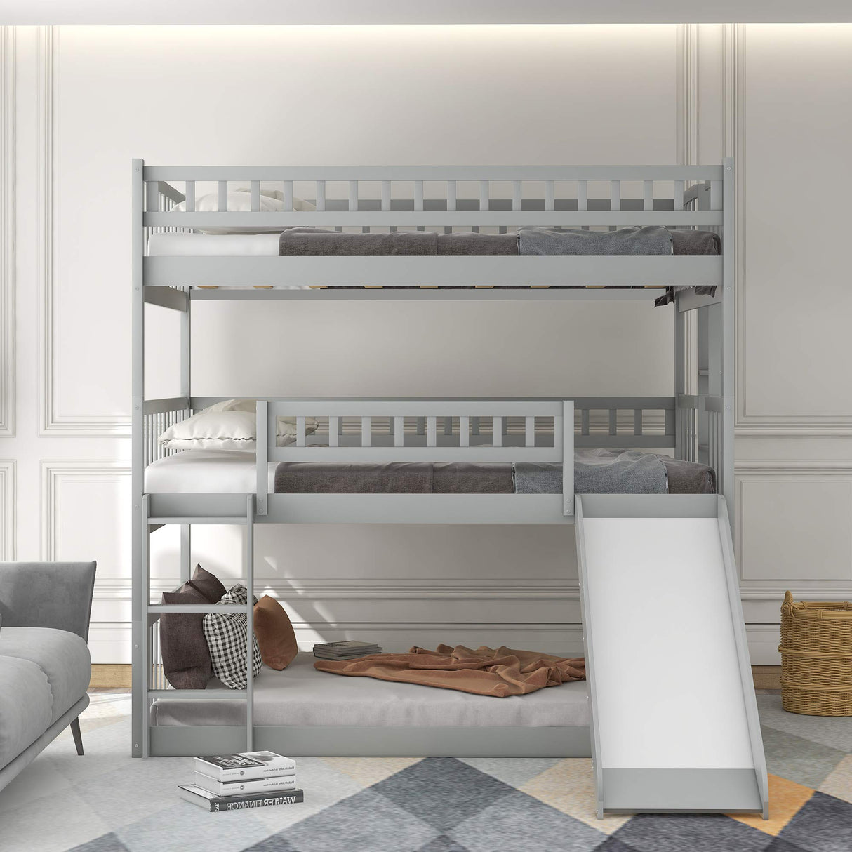 Harper & Bright Designs Triple Bunk Beds with Slide ,Wooden Bunk beds Full Over Full Over Full ,Floor Triple Bunk Bed with Ladder & Guardrails for Kids/Teens/Adults,Can be Convertible to 3 Beds,Grey Harper & Bright Designs
