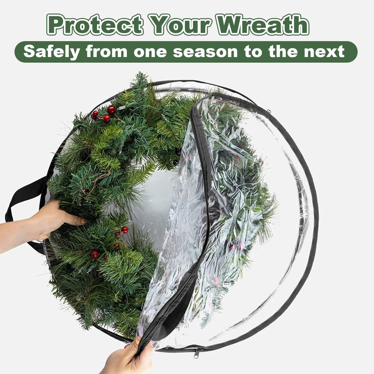 4 PCS Clear Wreath Storage Bag, 24x8 Inch Christmas Wreath Storage Container, Heavy Duty PVC Wreath Protector with Handle for Xmas Holiday Seasonal Wreath Garland (Black) EATHEATY