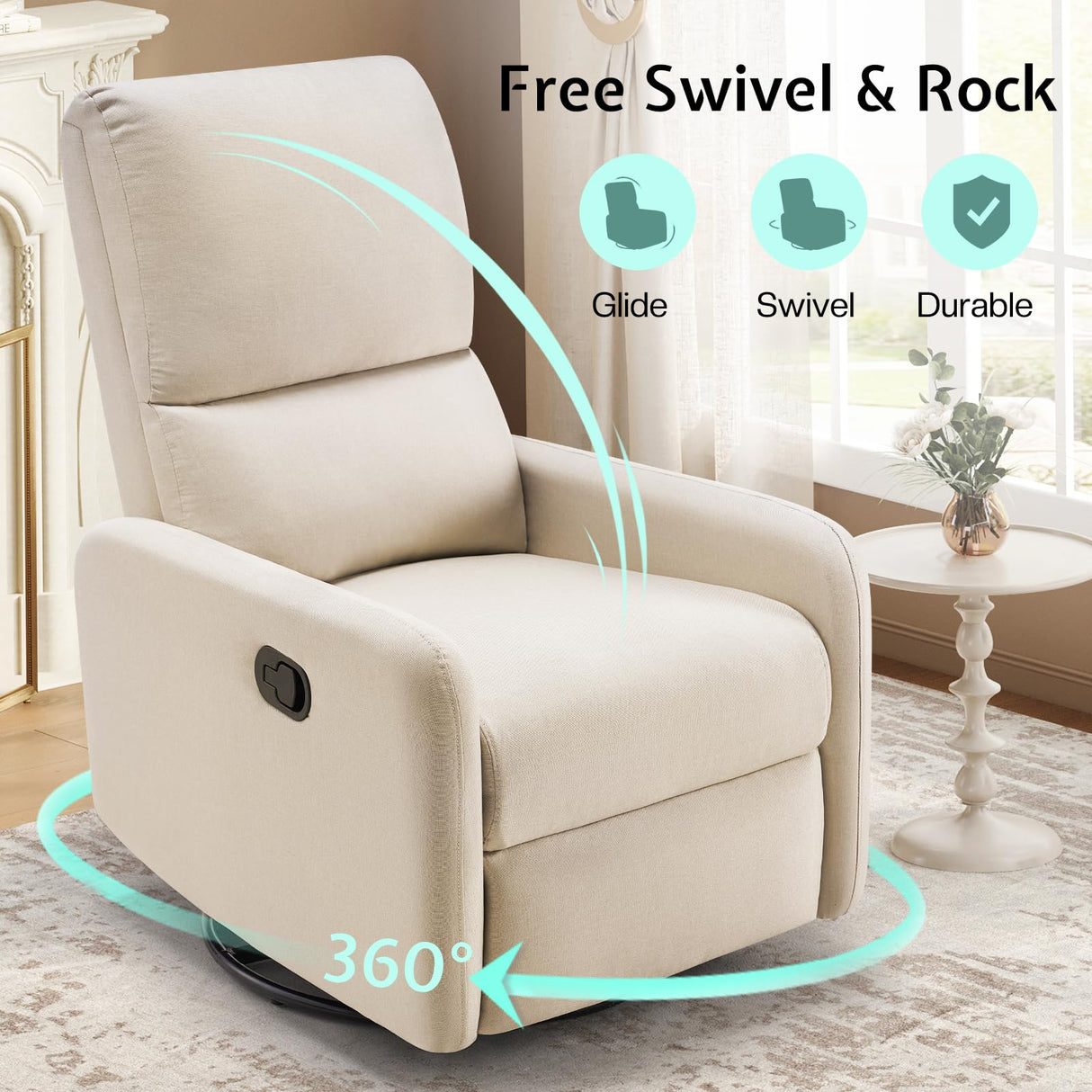 Jocisland Swivel Rocking Chair, Nursery Glider Recliner Chairs for Adults, Rocker for Living Room Bedroom, Comfy Upholstered Modern Nursing Reclining Single Sofa, Beige Linen Jocisland