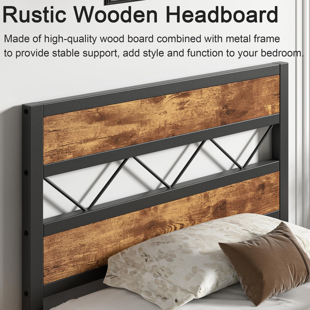 VECELO Twin Size Bed Frame with Headboard, Heavy-Duty Platform Bedframe with Metal Slats Support, No Box Spring Needed, Easy Assembly, Black & Brown VECELO