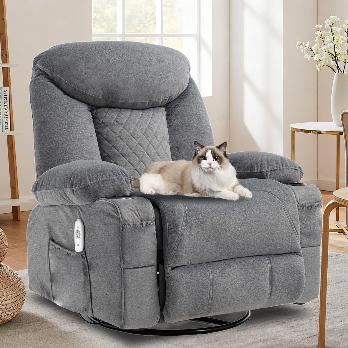 KCREAM Recliner Chair,Rocking Chair with Massage & Heat, 360° Swivel Rocking Chair for Adults, Manual Rocker Recliner with Cup Holders for Living Room, Bedroom, Nursery,Light Gray KCREAM