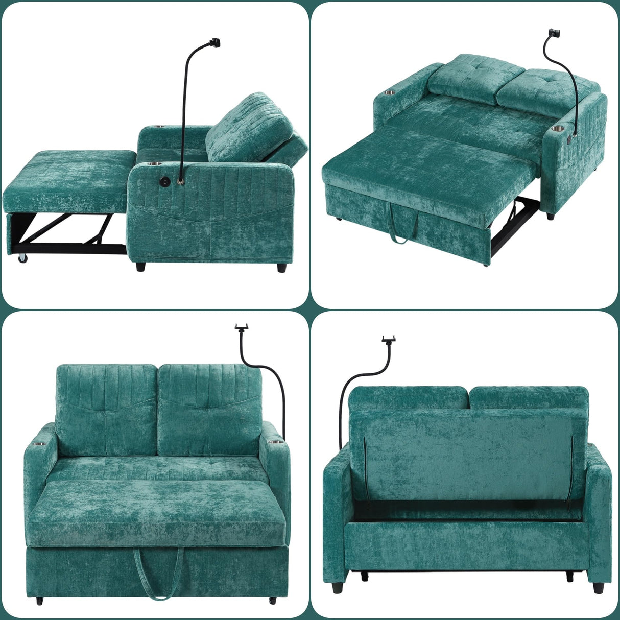 Merax 54" Convertible Sleeper Sofa Bed, Chenille 3-in-1 Pull Out Futon Couch Loveseat with Adjustable Backrest, 2 Cup Holders, Phone Stand, 3 Charging Ports and Storage Pockets for Living Room, Teal Merax