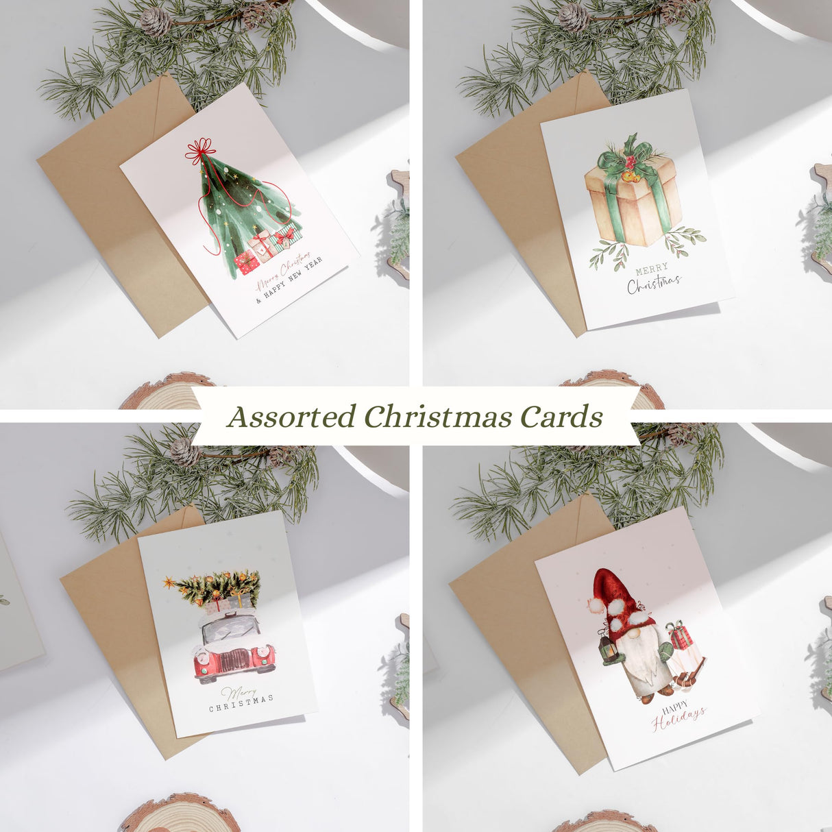 Merry Christmas Cards Boxed with Envelopes Set of 20 Cards - Woodlands Watercolor Designs on Heavy Duty Card Stock - 5x7 Inches Blank Inside - Bulk Christmas Cards with Matching Stickers Paper Play