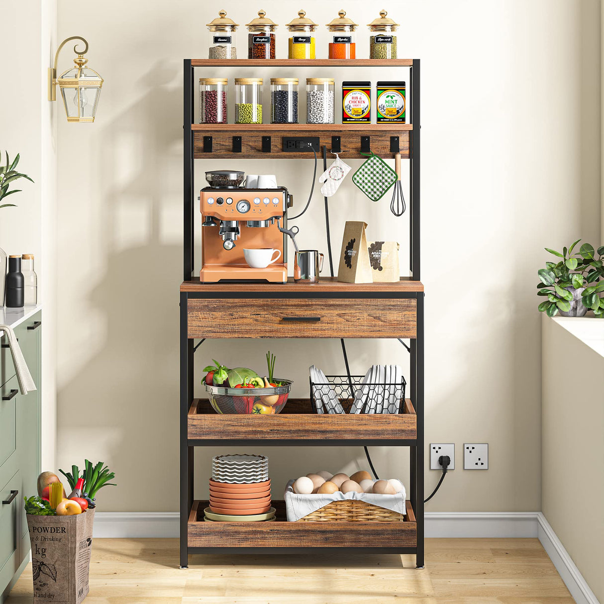 Tribesigns Rustic Brown 5-Tier Kitchen Bakers Rack with Power Outlets and Drawers Tribesigns