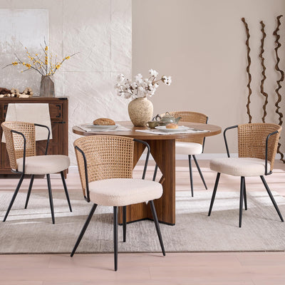 BedsPick Rattan Dining Chairs Set of 4 - Farmhouse Upholstered Cane Back Kitchen Chair with Boucle Cushion, Wingback Dining Room Seat with Metal Legs for Home, Kitchen (Brown)