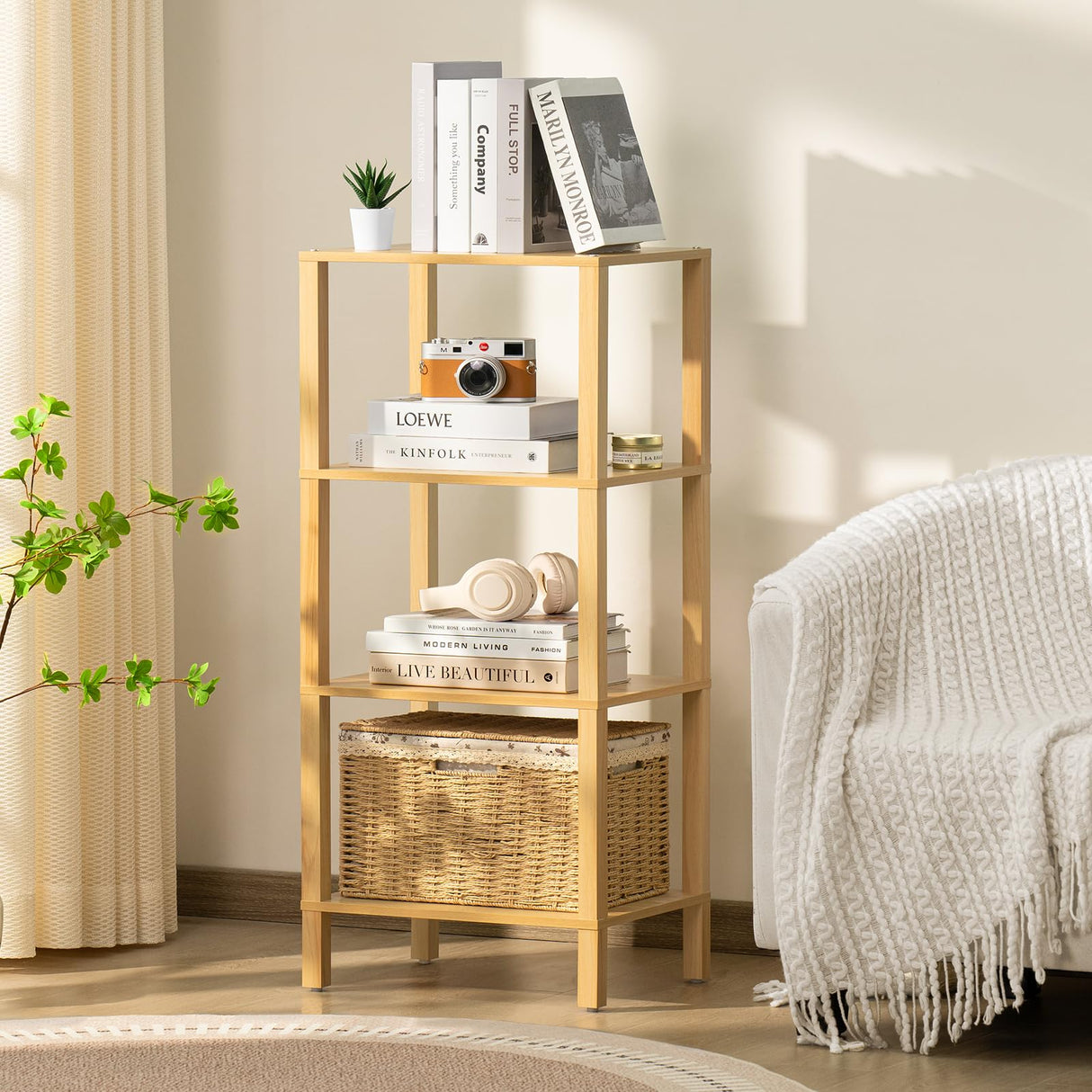 YUFAM 4-Tier Tall Natural Bamboo Bookshelf - Space-Saving Storage for Home and Office YUFAM