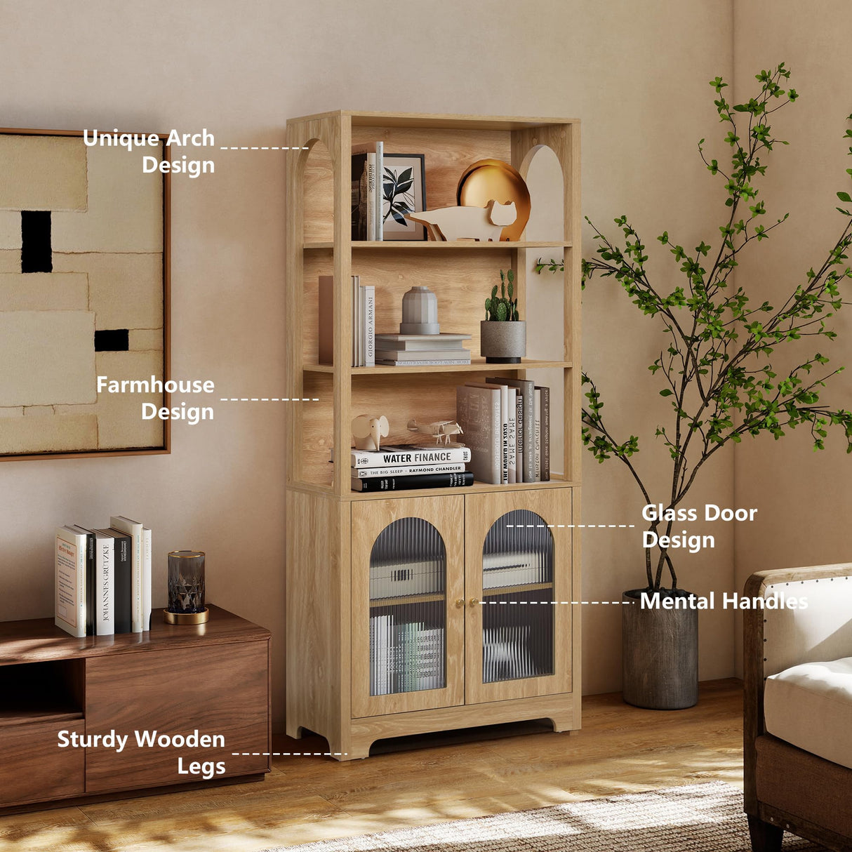 RARZOE Set of 2 Bookshelves and Bookcases, 5-Tier Arched Bookshelf with Glass Doors, Floor Standing 5 Shelf Book case, Wood Display Cabinet Storage Organizer for Living Room, Bedroom, Office(Natural) RARZOE