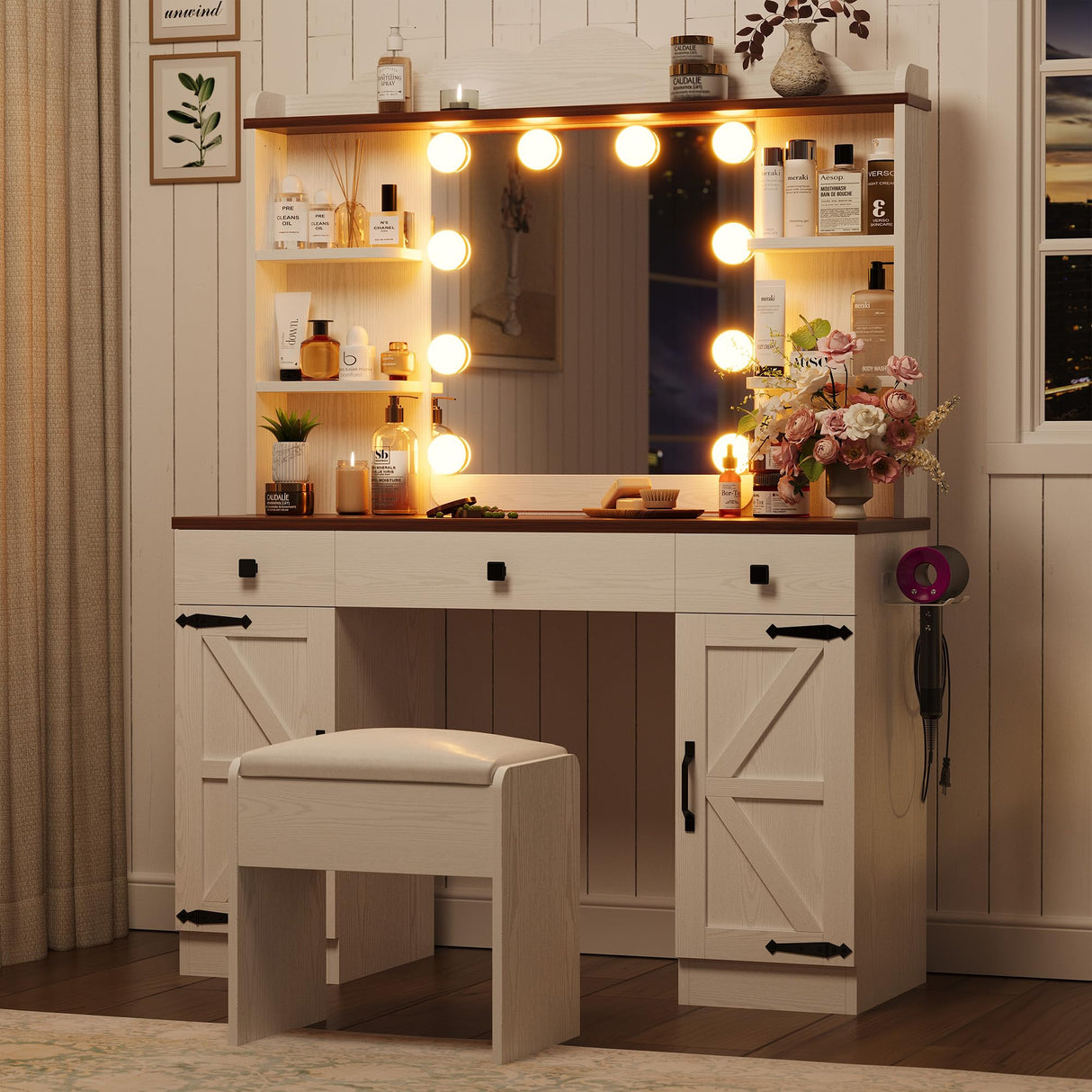 IRONCK Vanity Desk with Mirror and Lights, Farmhouse Makeup Vanity with Charging Station & Vanity Stool, Vanity Table with 3 Large Drawers and 2 Cabinets for Women Girls Bedroom, White IRONCK