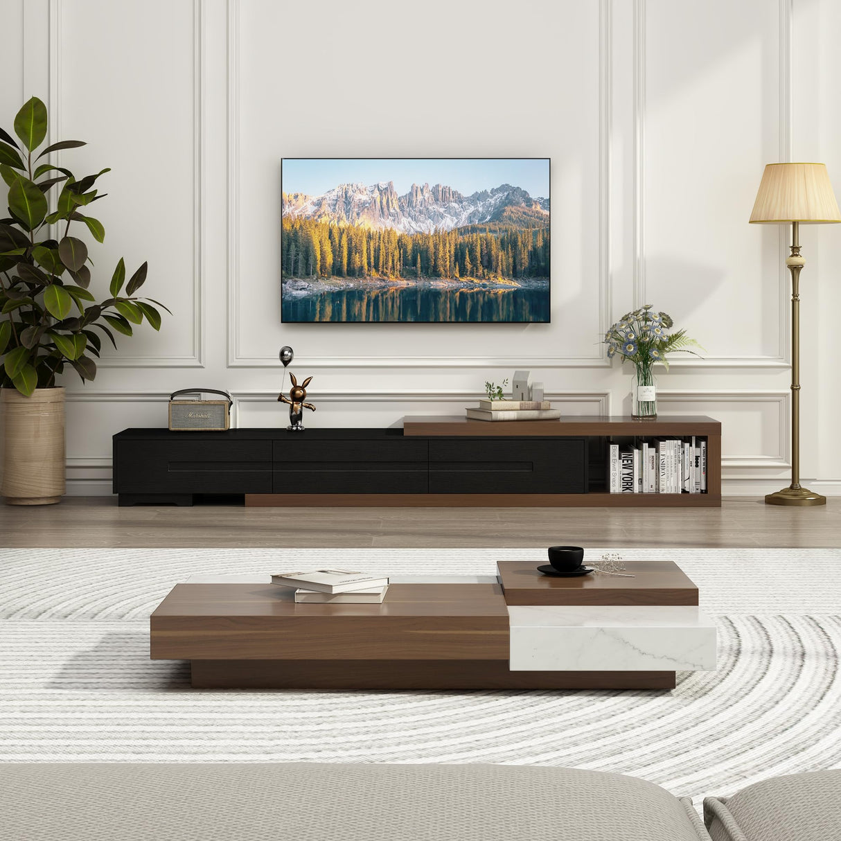 Hlivelood Extendable TV Stand, Modern Entertainment Center for Up to 120 Inch TV, Wood Reversible TV Media Console with 3 Drawers for Living Room Bedroom, 82-110''(Black& Walnut) Hlivelood