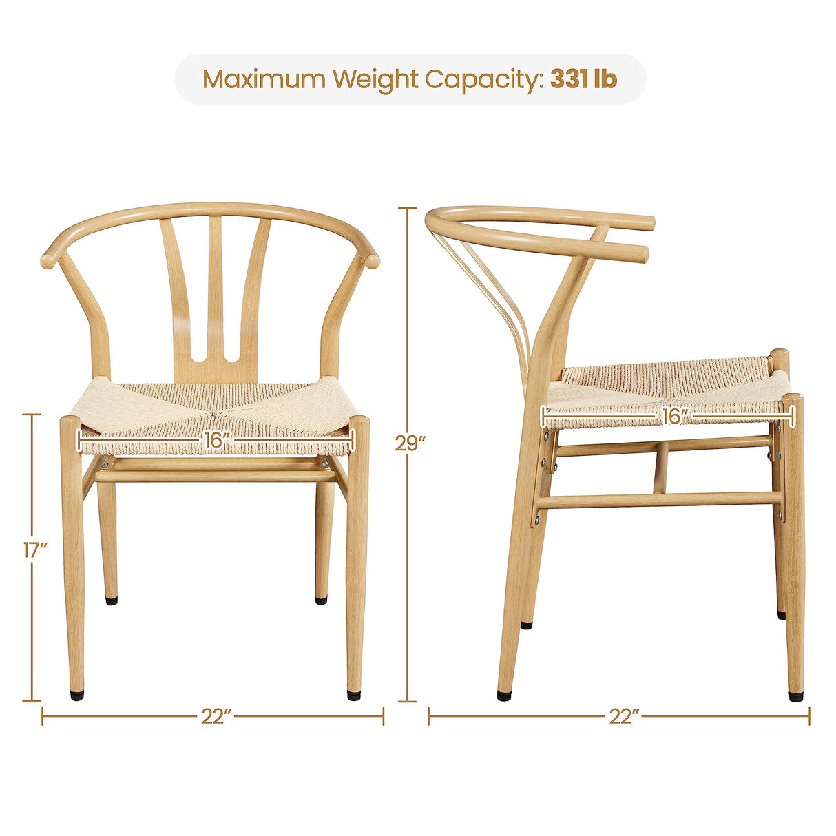 Yaheetech Weave Dining Chair Weave Dining Chair Rattan Chair Metal Dining Chair Armchairs Hemp Seat Chair Accent Chair for Kitchen, Dining, Living Room Set of 2, Wood Color Yaheetech