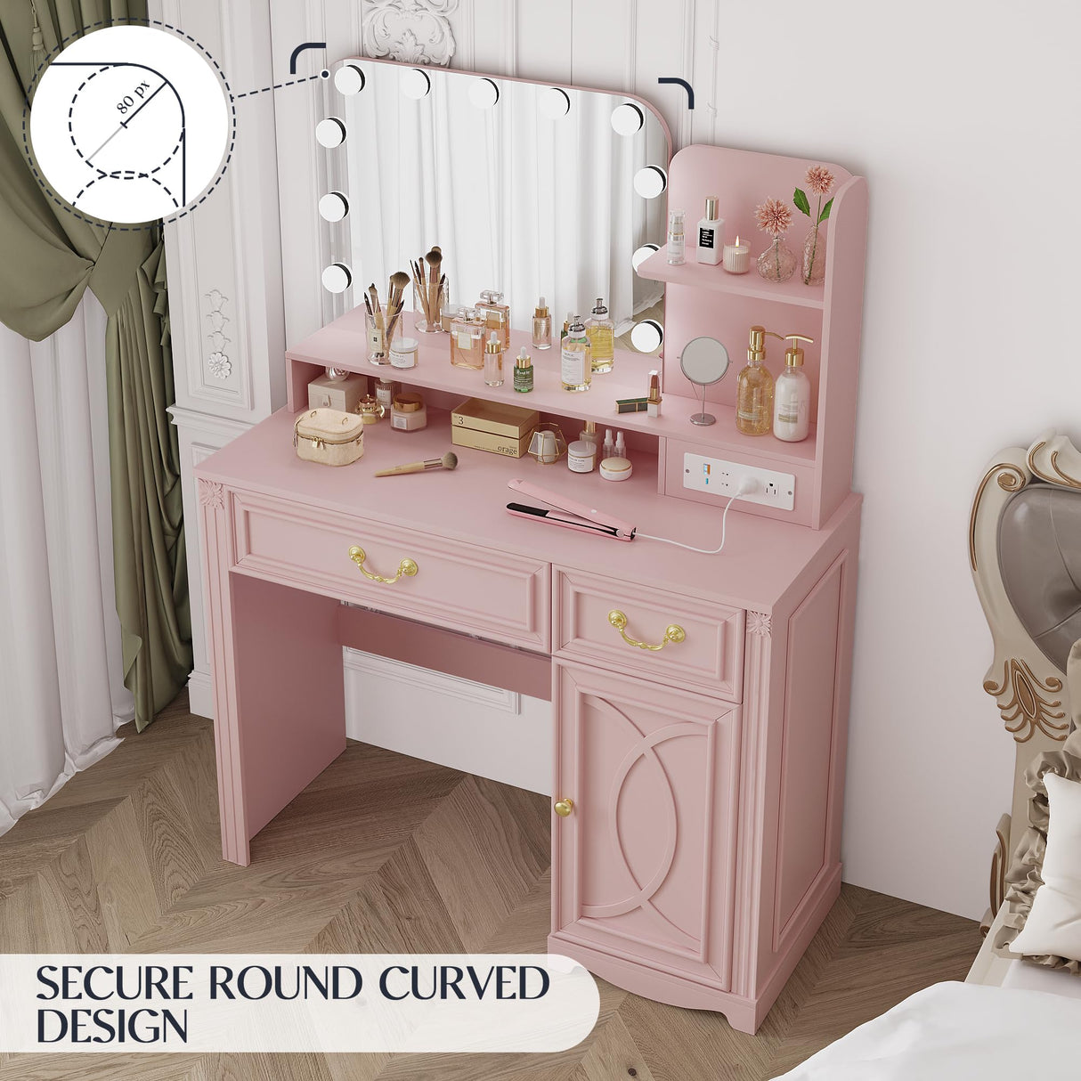 Lareth Makeup Vanity Desk with Lighted Mirror, 39.4 inch Small Vanity Table with Power Outlet, Bedroom Dressing Table, Adjustable Lights & 1 Cabinet 2 Drawers, Gifts for Teen Girls, Light Pink Lareth