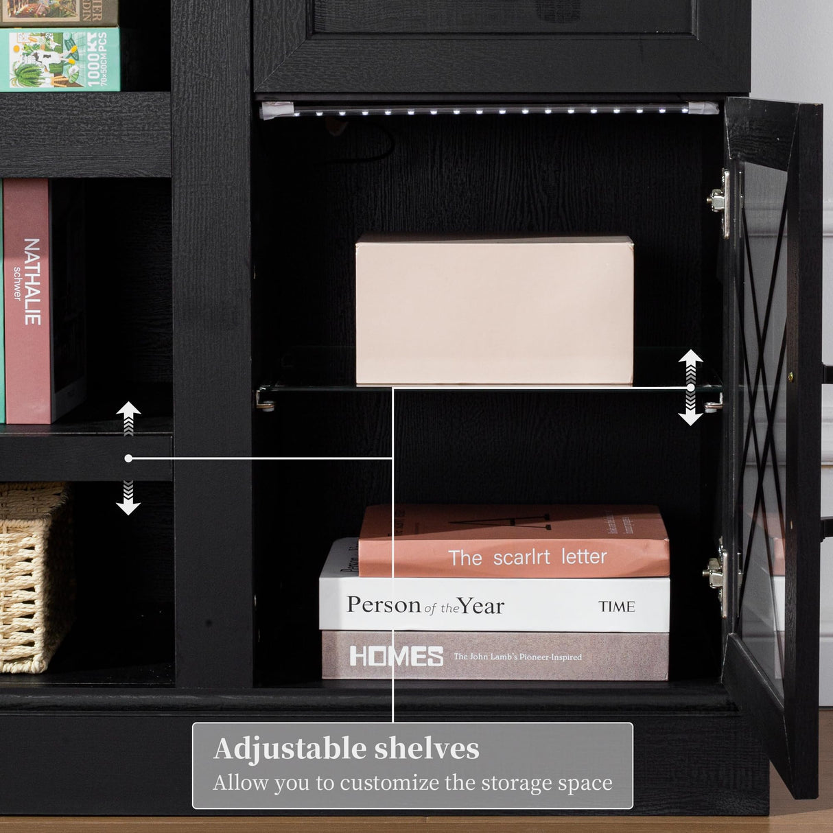 ENOUSHU 70 Inch Farmhouse TV Stand Table for 75 80 inch TV, Modern Entertainment Center with LED Lights and Glass Doors, Wooden Black TV Stands for Living Room ENOUSHU