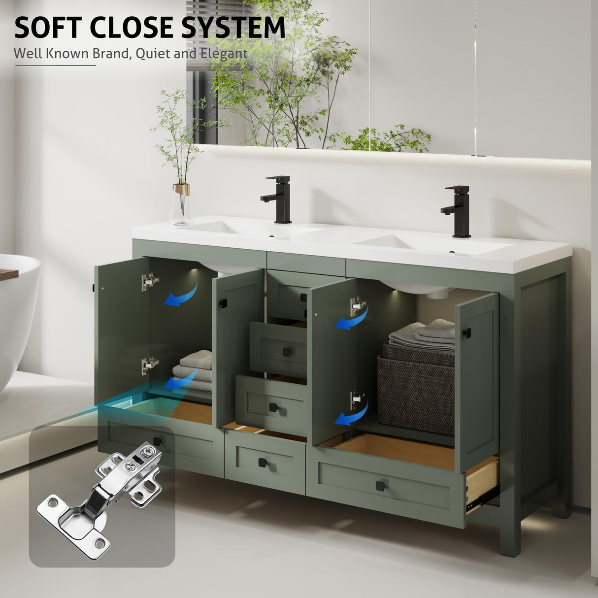 eclife 60" Bathroom Vanities with Sink Combo, Modern Thickened Wood Bathroom Storage Cabinet w/Undermount Double Sink, Matte Black Faucet Drain, Painted Surface, Green eclife