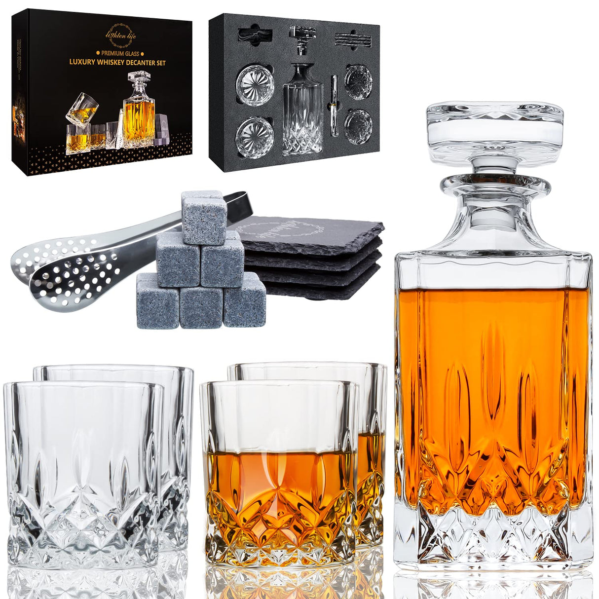 LIGHTEN LIFE Whiskey Decanter Set with Bar Accessories,Crystal Whiskey Decanter and Glass Set in Gift Box,Non-Lead Bourbon Decanter Set for Rum Scotch,Wedding Anniversary Birthday Gift for Men Him Dad LIGHTEN LIFE