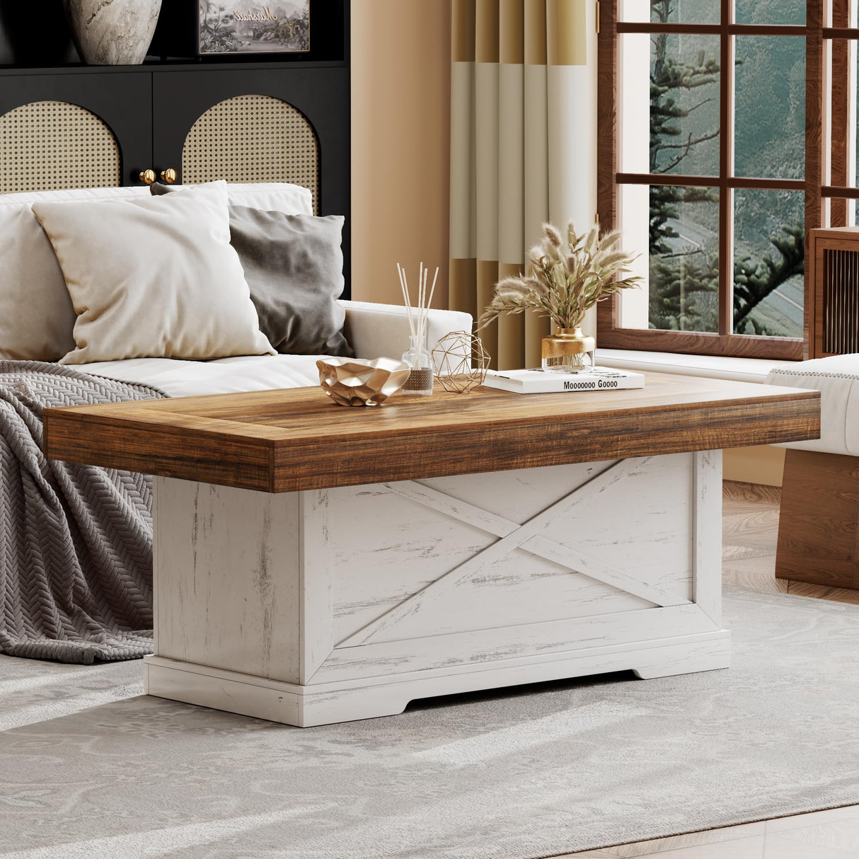 Lareth Coffee Table 39 in Farmhouse Center Table with X-Design Wooden Pedestal for Living Room, Space Saving, Easy Assembly Rectangle Home Office Tea Accent Table for Apartment, Antique White Walnut Lareth